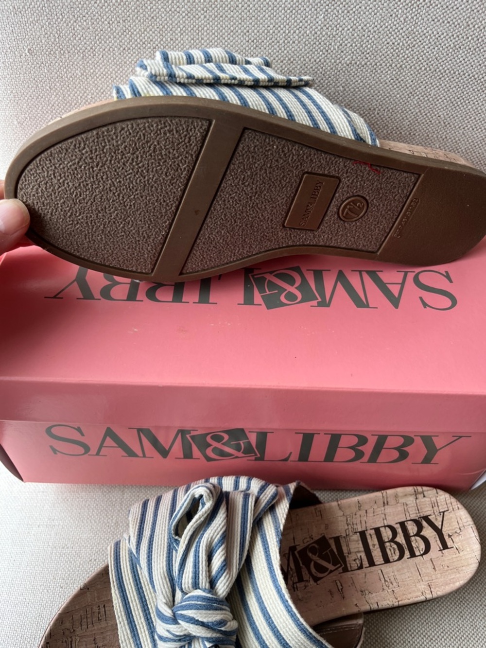Sam & Libby Cream and Blue Striped Bow Slide Mules - Picture 4 of 6